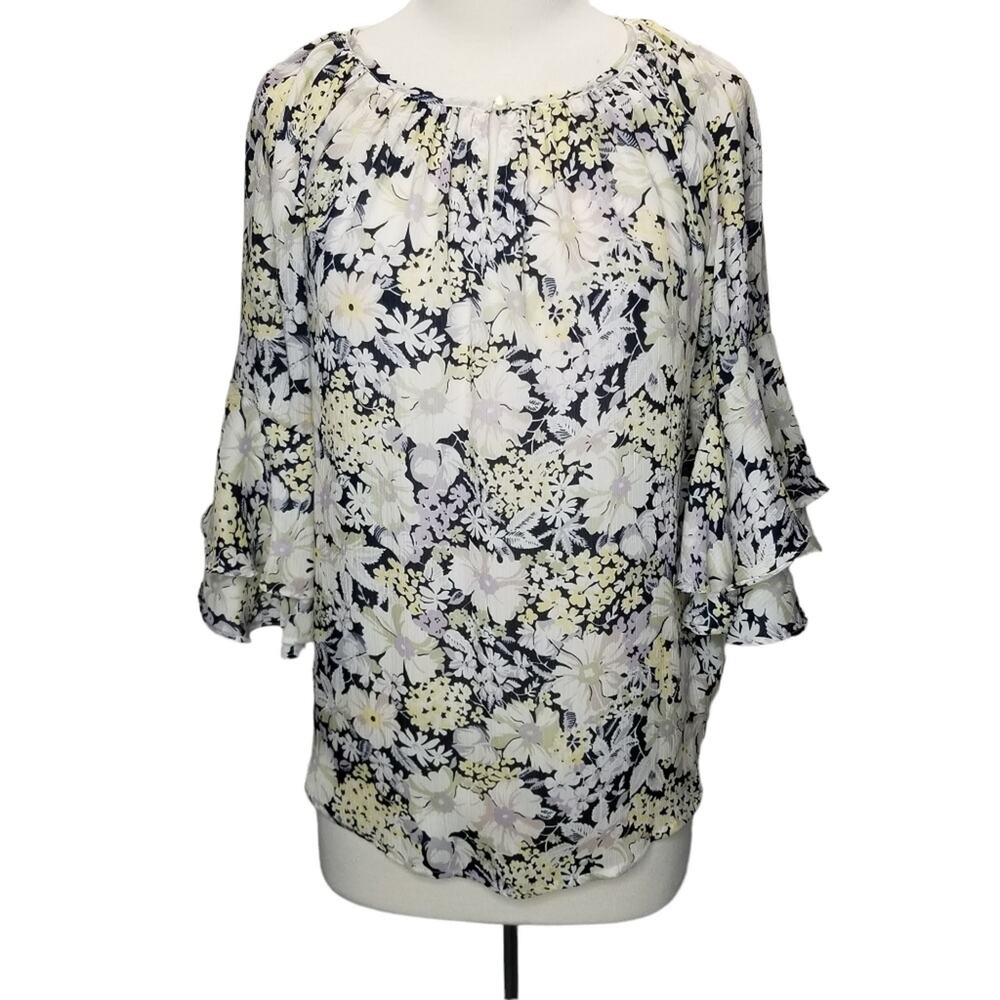 Chaps Top Womens Small Capri Navy & Pearl Floral Keyhole Bell-Sleeve - Picture 7 of 7